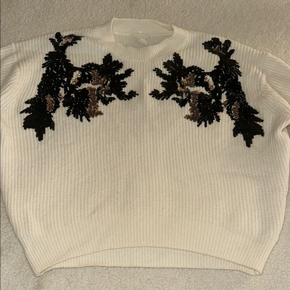 H&M cream Sweater with Black and gold sequins
